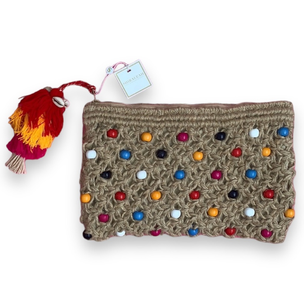 Shiraleah Natural Jute Mutli-Color Beaded Zip Pouch | NWT